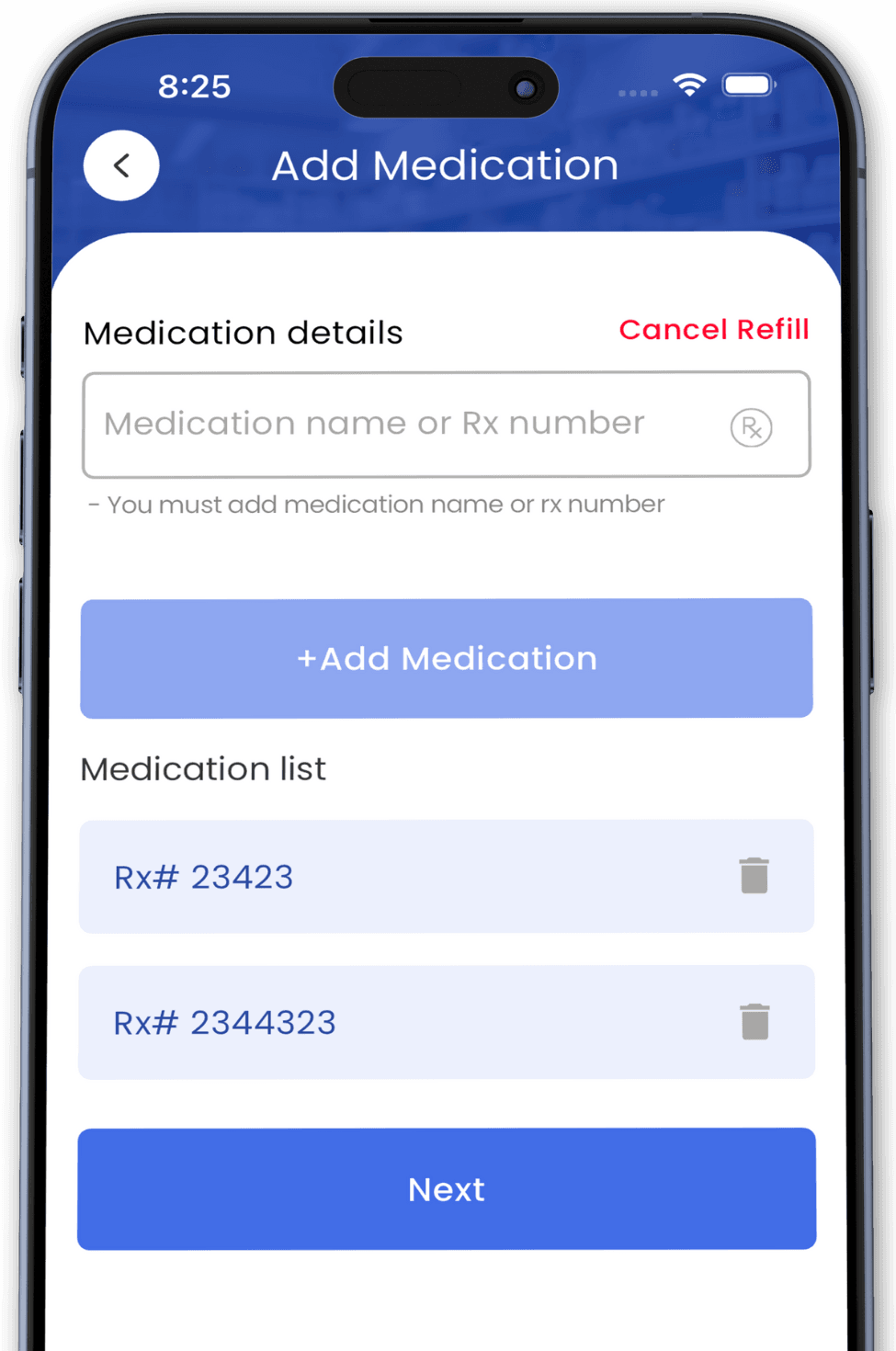 Mobile app screenshot showing refill